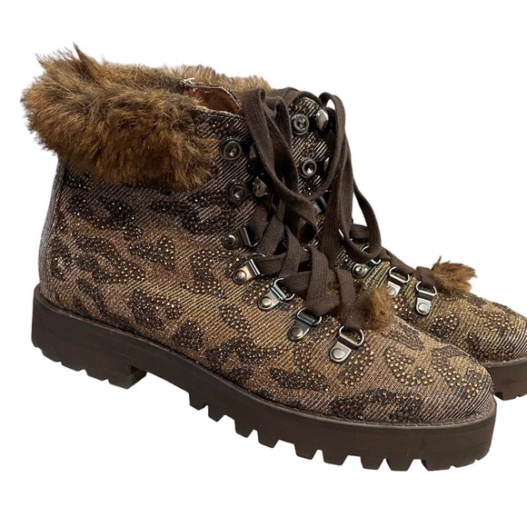 Jessica Simpson Norina Leopard Gem Faux Fur Hiking Boots Lace up Booties Sparkle - Picture 3 of 5